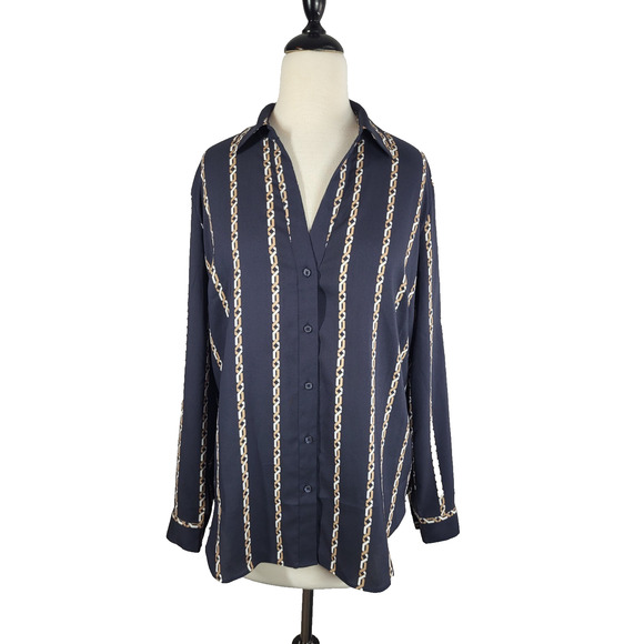 Ann Taylor Chain Link V-Neck Button Up Blouse L Navy Equestrian Career Stripe - Picture 2 of 11